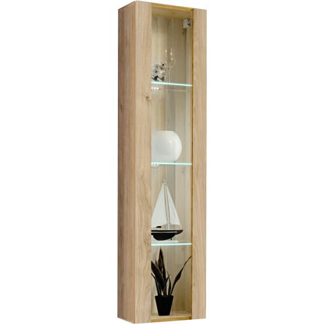 Vitrine murale Fly 41 avec éclairage LED - Bois MDF chêne Hickory Jackson - 40 x 170 x 29 cm - Livraison gratuite (1/3)