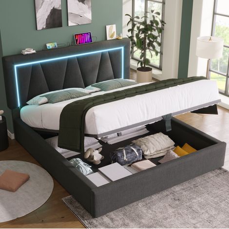 Letto contenitore matrimoniale 160x200 cm, con LED e porte USB Type-C, testiera regolabile grigia, senza materasso (1/5)