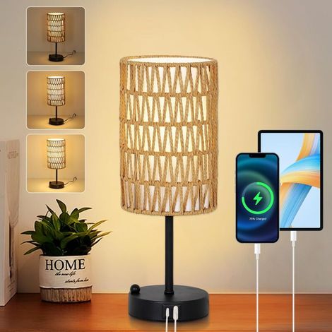 Lampe de table tactile avec abat-jour en lin et rotin, design bohème pour chambre et salon, base tactile pratique, 1 pièce (1/4)