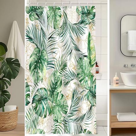 Rideau Douche Anti Moisissure, Rideau de Douche 120x180cm Tropical Vert Jaune Feuilles de Palmier Jungle Rideaux de Baignoire Tissu Lavable Imperméable Rideaux Salle de Bain avec 8 Crochets - 120L X 1 (1/5)