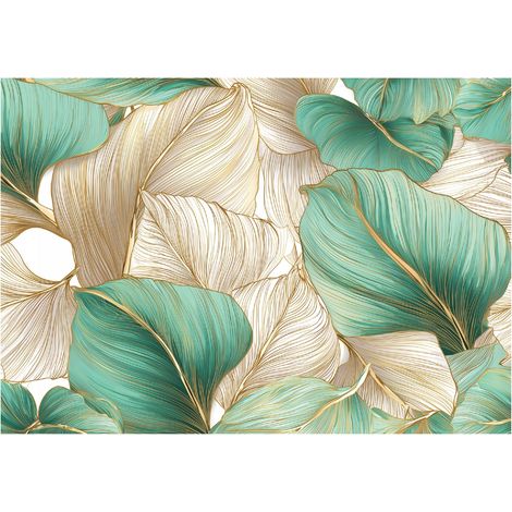Fototapete Blätter Art Deco Gold – Moderne Großformat Wandtapete 250x175 cm – Für Wohnzimmer & Schlafzimmer