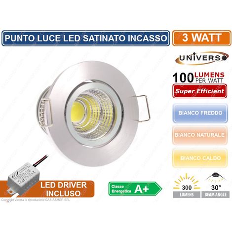 Faretto Faro LED 3W Punto Luce Incasso Rotondo Alluminio Silver Luce Fredda 6000K 220v P-45-AC