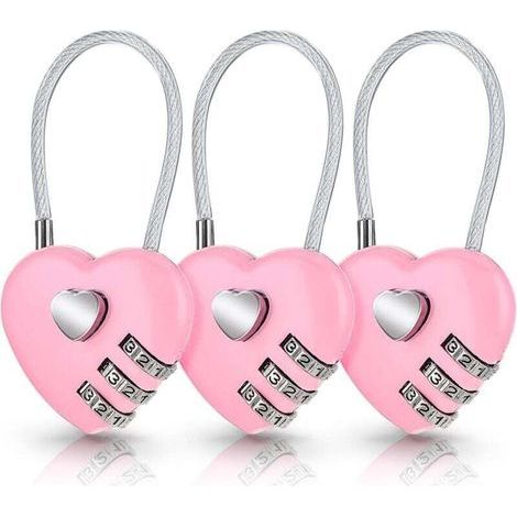 Set di 3 lucchetti a combinazione rosa a forma di cuore per valigie, graziosi lucchetti a combinazione a forma di cuore, piccoli lucchetti impermeabili per borse da viaggio e zaini (codice originale: (1/4)