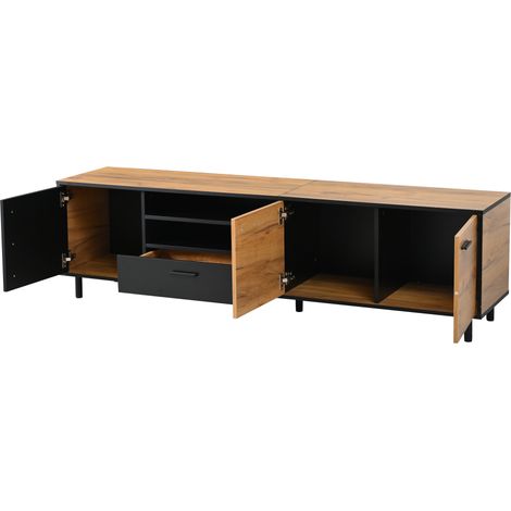 Mueble TV de 180 cm con 3 armarios y 1 cajón, acabado madera y negro (1/5)