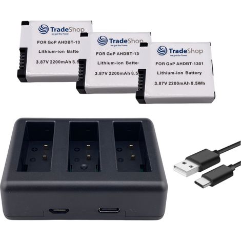 Trade-Shop 4in1 Set: 3x Akku (eckige Form) 2200mAh + USB-C LCD Triple Ladegerät für GoPro HERO13 Black, AHDBT-1301, AHDBT-1301PR, CPSS1B (1/5)