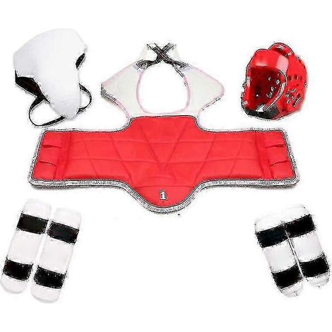 Ensemble de protection de taekwondo cinq pièces : casque armure gants de kickboxing et de boxe protection de tête. Taille homme : 130-150 cm. (1/5)