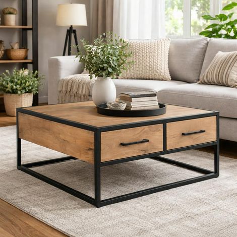 Table basse carrée bois clair métal noir 4 tiroirs RIVANO (1/5)