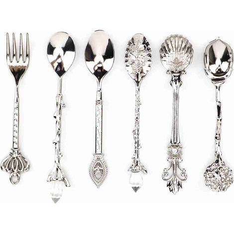 Set di posate innovativo in lega di zinco, stile vintage retrò, composto da 6 pezzi: cucchiai, forchette e manici a corona argentati. Accessorio da cucina. (1/5)