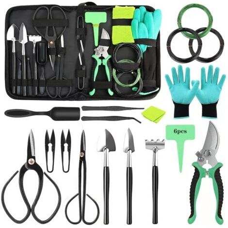 Ensemble de bonsaï 24 pièces, kit d'outils de jardin, ensemble de jardinage pour bonsaï pour jardinier débutant, machette, sac de rangement, truelle de jardinage, mini râteau et pelle et gants de jard (1/4)