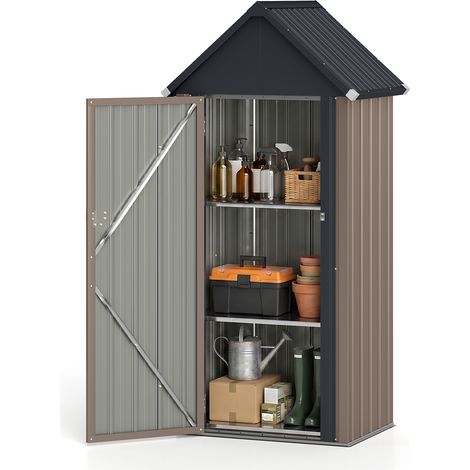 Abri de Jardin en Métal, Armoire Extérieur avec 3 Étagères Réglables Amovibles, Toit Incliné Anti-pluie, Portes Verrouillables, 85x65,5x176cm, Marron (1/5)