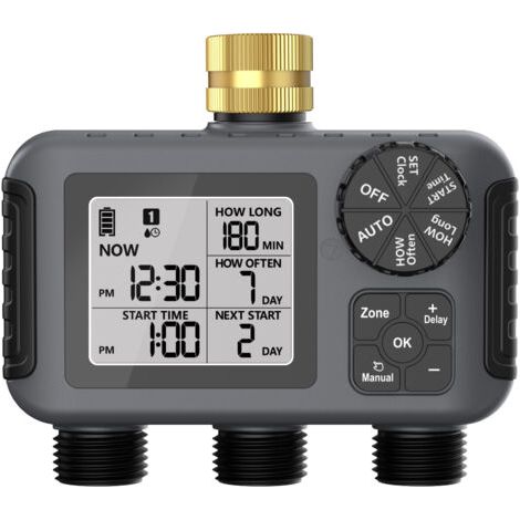 Minuterie d'arrosage programmable 3 voies – Alimentation 2 piles AA – Pression 0,05 à 0,8 Mpa – Retard de pluie pour jardin