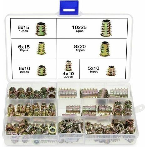 Lot de 120 écrous hexagonaux - En alliage de zinc - M4 M5 M6 M8 M10 - Avec inserts filetés pour meubles en bois - Avec boîte en plastique (1/5)