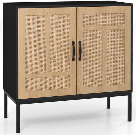 COSTWAY Credenza da Cucina, Armadio con 2 Ante Intrecciate in Rattan, Ripiano Regolabile a 3 Posizioni, Armadietto Boho per Cucina, Sala da Pranzo, Soggiorno e Corridoio, 80 x 38 x 81 cm (Nero) (1/5)