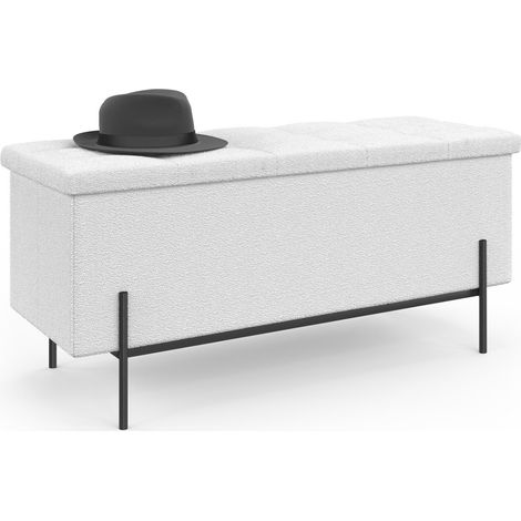 Idmarket – Banc d'entrée coffre rangement 100 cm – Tissu bouclette blanc – Pieds métal noir – Capacité 93 litres – Structure MDF stable