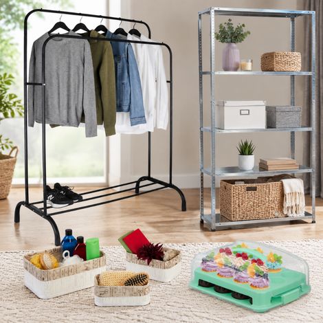 Set di contenitori per tutta la casa (4 pezzi) – Cestini in bambù, scatola per cupcake, appendiabiti in ferro e scaffale in acciaio (1/5)