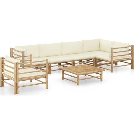 Salon de jardin 7 pcs Ensemble Table et Chaise de Jardin - avec coussins blanc crème Bambou BV156418 - BonneVie (1/5)