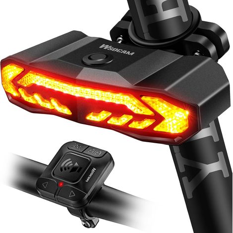 Luz inteligente para bicicleta con intermitentes, luz de freno y claxon - Encendido/apagado automático Luz trasera recargable e impermeable para bicicleta con control remoto (1/5)