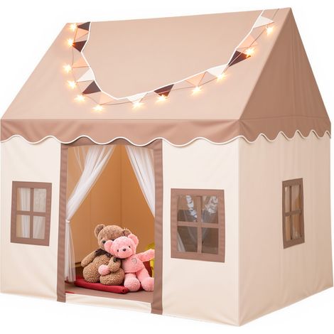 Tente de jeu enfant 120 x 100 x 130 cm, maison princesse avec tapis, guirlande et lumière, intérieur extérieur, kaki (1/4)