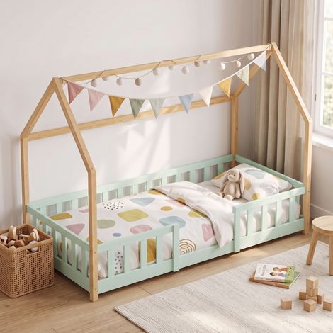 Hausbett Sisimiut im Montessori-Stil mit Rausfallschutz 90x200 cm Mintgrün/Natur [en.casa] (1/5)