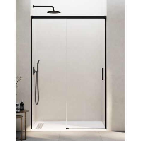 Mampara de ducha frontal 1+1 BASIC 130 cm cristal transparente perfil negro (1/5)