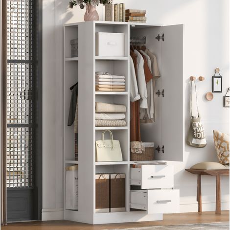 MODFU – Armadio 70x50x170 cm in MDF con 2 appendiabiti, mensole e 2 cassetti, carico 55 kg – Bianco (1/5)