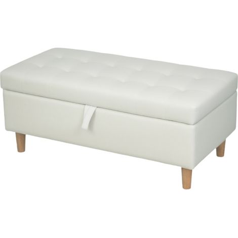 Pouf, repose-pied, tabouret Rangement Intégré Pieds Bois Dessus Tissu Doux Blanc Crème Design Pratique Confortable (1/5)