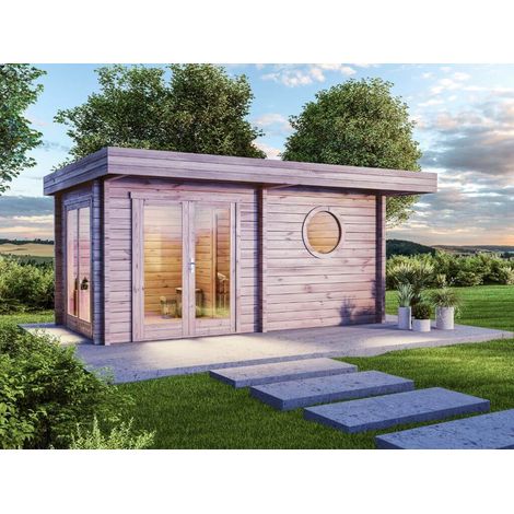 Sauna traditionnel extérieur 70 places – Dimensions 508 x 354 cm – Épaisseur des murs 70 mm – Toit monopente moderne – Finntherm (1/4)