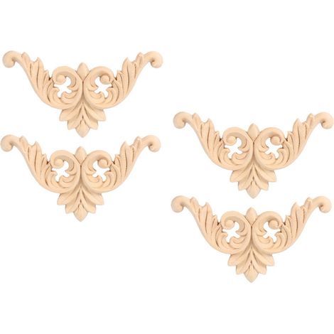 Ornement sculpté en bois d'hévéa, applique coin meuble, forme fleur, lot de 4 pièces, non peint, 8 x 8 cm (1/5)