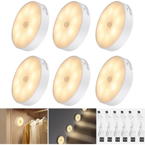 Six lampes LED équipées de détecteurs de mouvement, alimentées par des batteries rechargeables USB, par exemple pour les armoires, les salles de bains, les escaliers et les chambres (lumière blanche c