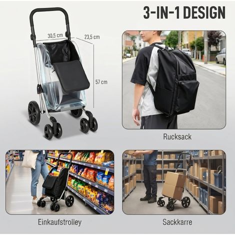 Carrello della spesa 58x44x100 cm in alluminio e poliestere nero, pieghevole (1/5)