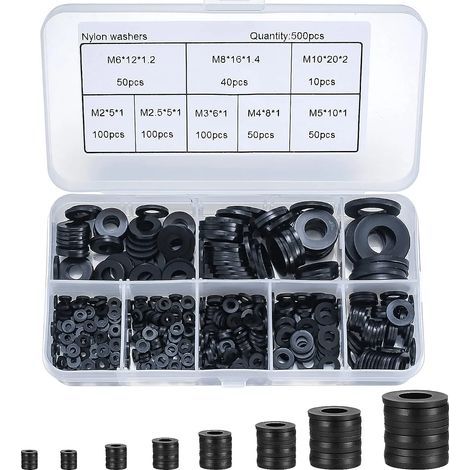500 pezzi di rondelle piatte in nylon nero, rondelle piatte isolanti rotonde, giunti distanziatori, kit assortimento di giunti idraulici - M2/M2.5/M3/M4/M5/M6/M8/M10 (1/5)