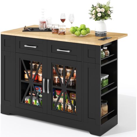 Îlot de cuisine portable 120 cm, table pliante, rangement, prise + USB, vitrine, stratifié réglable, roulettes freinées. Pour cuisine, salle à manger, salon.