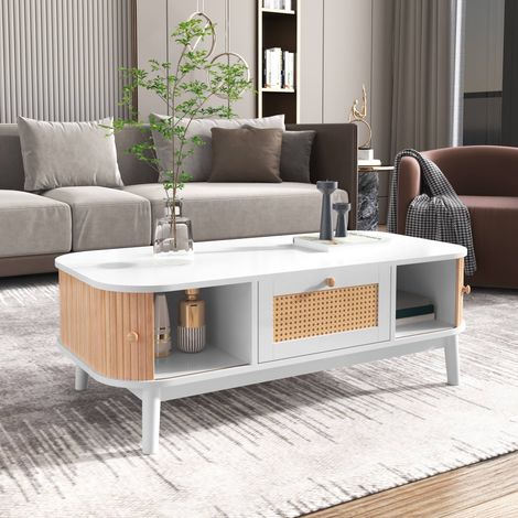 Table basse 110 x 55 x 38.5 cm, table de salon 1 tiroir en rotin, 2 portes coulissantes en lattes de bois, MDF, blanc et bois (1/5)