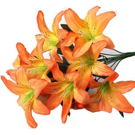 Künstliche Lilie, 10 Köpfe, Kunstlilie, künstliche Blume, Hochzeitsdekoration, Brautstrauß, Zuhause, Hotel, Büro, Garten, Kunsthandwerk, Art Deco, Orange (1/4)