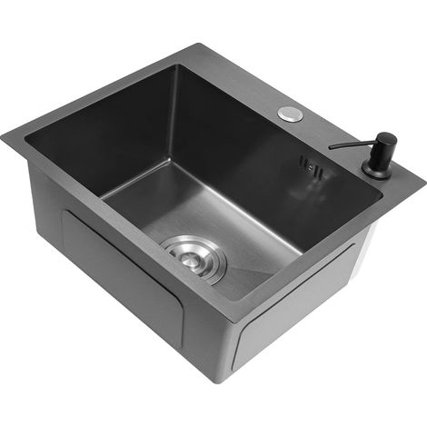 Fregadero de cocina de acero inoxidable, con encimera y accesorios, color negro. (1/2)