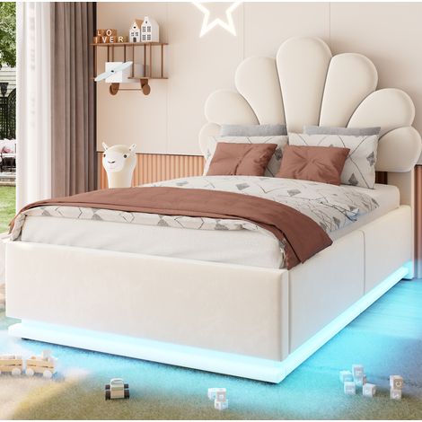 Cama abatible 90 x 200 cm con cabecero floral, LED y somier elevable de terciopelo beige HAVRYA (1/5)
