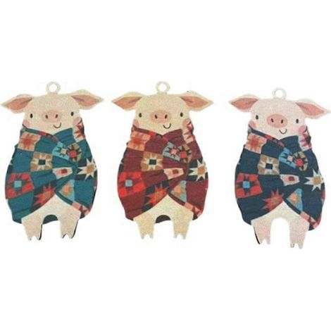 Pendentif en bois représentant un adorable petit cochon enroulé dans de la pâte feuilletée. (1/5)