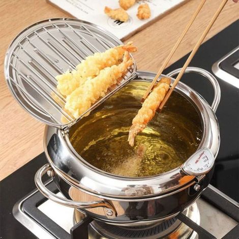 Friteuse Tempura - Acier Inoxydable 304 - Thermomètre Intégré - Égouttoir Intégré - Pour Cuisine Maison - 1 Pièce (1/4)