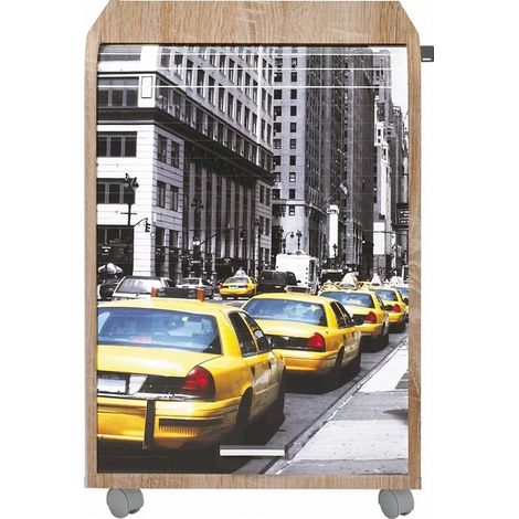 Caisson à rideau sur roulettes 2 tiroirs bois clair imprimé taxis jaunes Orga 70cm (1/3)