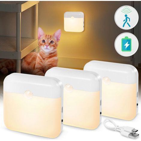 Lot de 3 Veilleuses LED Rechargeables Détecteur Mouvement,3M Portée, Magnétique pour Placard/Escalier (Blanc Chaud)
