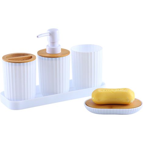 Ensemble de toilette pour salle de bain, ustensiles de rangement, brosse à dents et gobelet pour gargarisme, plateau d'hôtel, ensemble de cinq pièces (T225-5 bambou blanc) (1/5)
