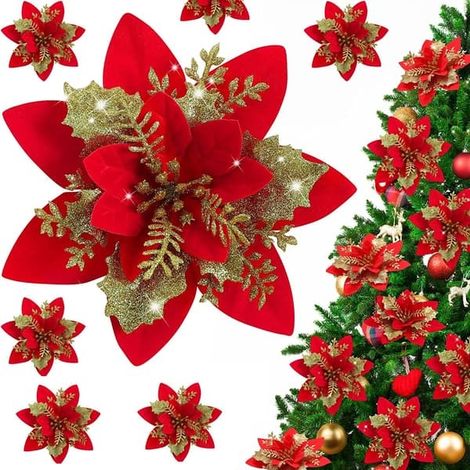 10 poinsettias artificiels dorés et rouges, fleurs argentées, sapin de Noël (1/4)