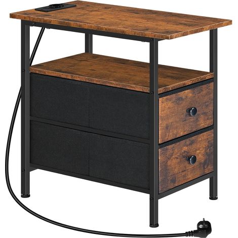 Table d’Appoint avec Station de Charge, Table d’Appoint Fine, Table de Chevet avec 2 tiroirs en Non-tissé, Bout de Canapé Compact, pour Petit Espace, Salon, Marron Rustique et Noir (1/5)