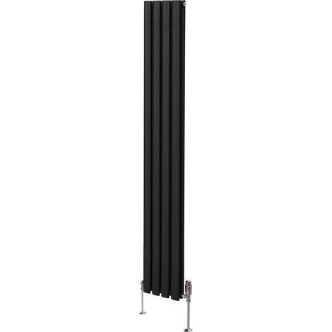 Radiatore a colonna ovale 1800mm x 240mm e valvole cromate TRV Designer Doppio pannello Termosifone Nero Acciaio Orizzontale Inclusi Spazzola per la pulizia Kit di fissaggio e staffe (1/5)