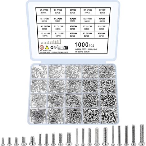 1000 Pièces Micro Vis de Réparation, Petites Mini Vis à Tête Cylindrique pour Lunettes Ordinateur Portable électronique, M1.6 M1.7 M2 M2.5 M3 (1/5)