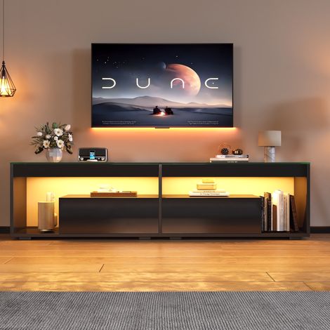 Mueble TV alto brillo con LED y dos cajones negro nuevo OKMYHOME (1/5)