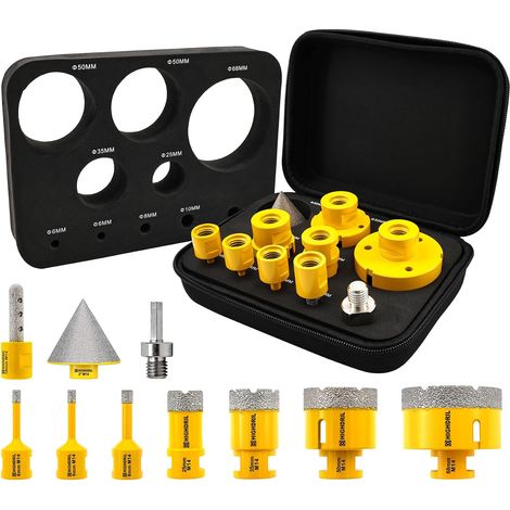 Foret Diamant Kit 10pcs(6/6/8/25/35/50/68mm Mèches Diamantées+10mm Fraise Diamant+50mm Mèches de Chanfrein+Adaptateur) Scie Cloche pour Carrelage Céramique Porcelaine Marbre Granit (1/5)