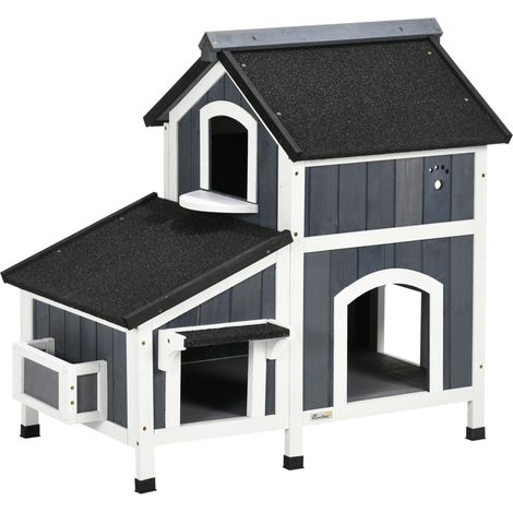 Caseta para gatos de madera de abeto de 2 niveles con techo asfáltico, exterior, gris (1/5)