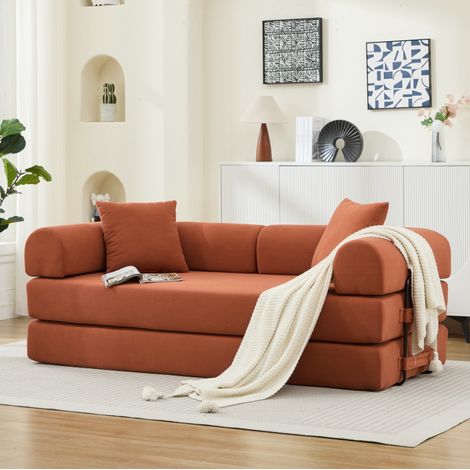 Sofá cama de 3 plazas (200x90x75 cm), multifuncional, sin montaje, tejido de pana naranja (1/5)