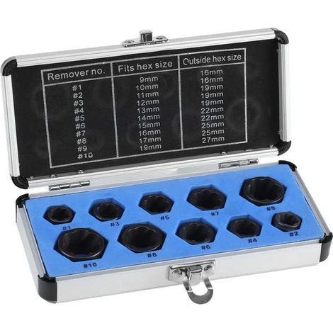 Kit de extractor de tuercas y tornillos, extractor de tornillos de bloqueo, herramienta extractora de espárragos y tornillos de cabeza rota con estuche de almacenamiento, 10 piezas (9-19 mm). (1/5)